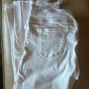 Maternity over the belly wide leg jeans with frayed ankles.